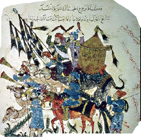 восточня миниатюра арабов на верблюдах, конях с трубами и флагами