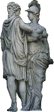 античная статуя мужчины с маской на затылке и дамы в боевых доспехах